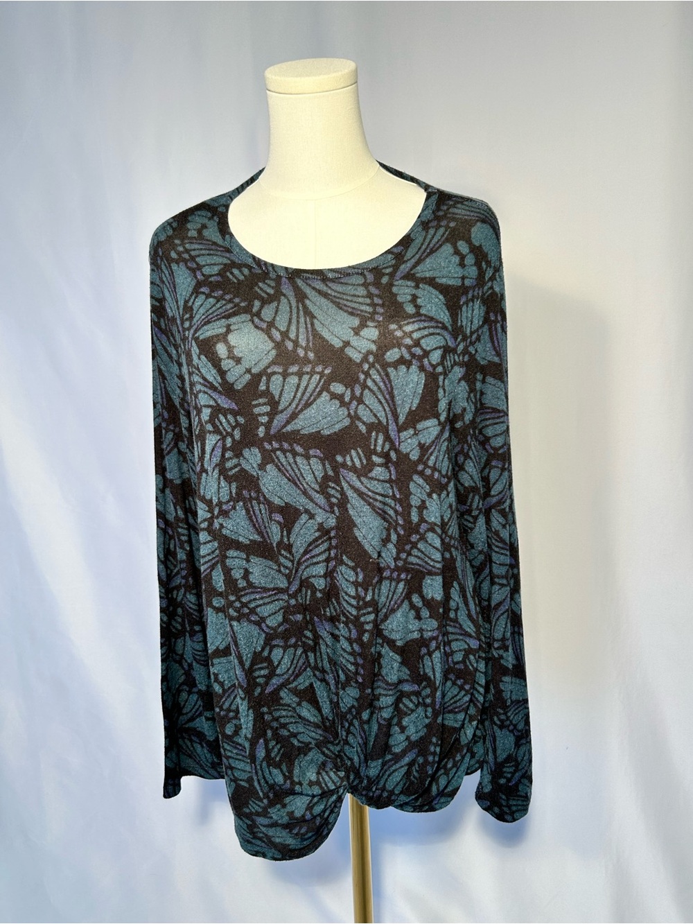 Black and Blue Butterfly-Print Bobeau Long Sleeve Top Soft Whimsigoth Dark XL